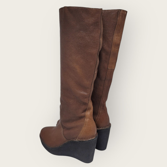 Pierre Hardy Brown Leather Knee High Pull On Tall Wedge Platform Boots Size 38 - Picture 12 of 12